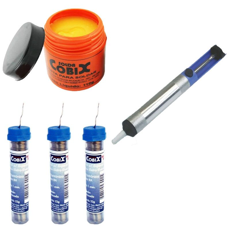 Kit Pasta de Solda Cobix 110g + 3 Tubinhos de Solda 22g + Sugador de Solda Metalica