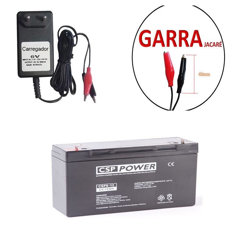 Kit Bateria 6v 12A + Carregador de Bateria 6v 800ma Moto de Brinquedos