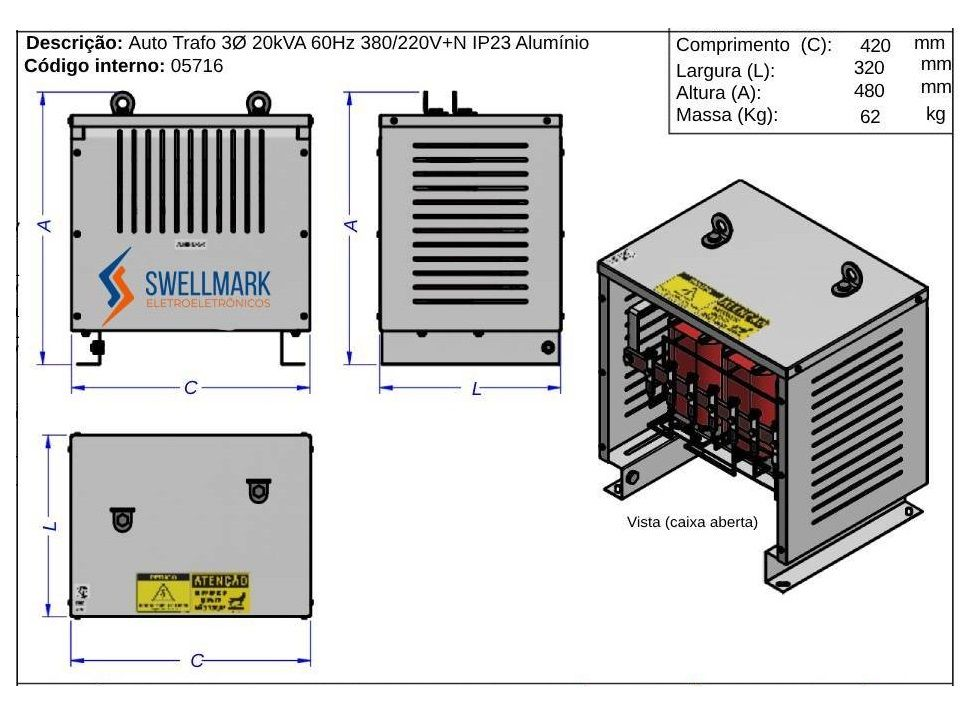 Auto Transformador Trifsico a Seco Potncia: 20kVA Tenses: 380V / 220V C/ CAIXA IP23