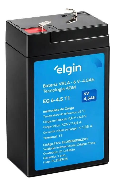 Bateria Selada De Chumbo Vrla Elgin 6v 4,5ah  Alarme, Cerca El�trica, Port�o, Luz Emerg�ncia