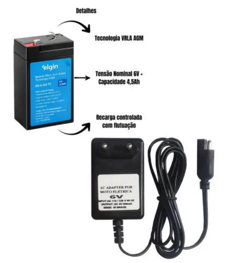 Kit Bateria 6v 4,5 ah + Carregador 6v 900mah Para Moto El�trica Recarreg�vel