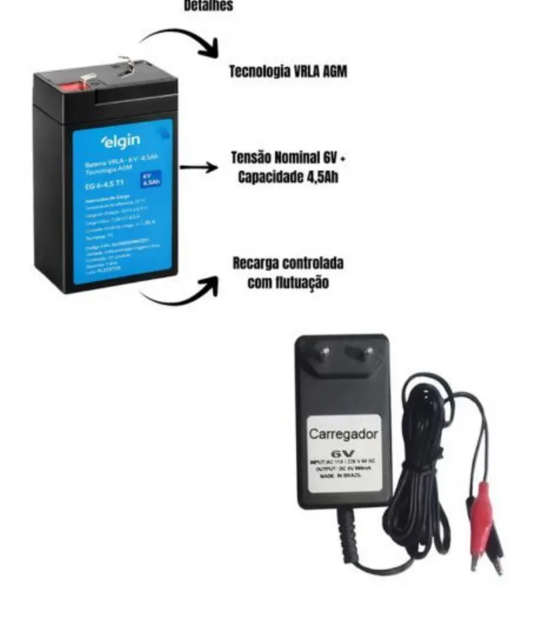 Kit Bateria 6v 4,5 ah + Carregador 6v 900mah Para Moto El�trica Recarreg�vel