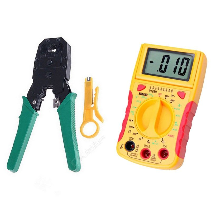 Kit Alicate Crimpar Rj11 Rj12 Rj45 + Multmetro Digital C/ Testador Rede DT68D