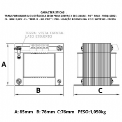 Transformador Monof�sico de Comando 220VAC X 24VAC 2A  50VA