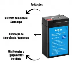 Bateria Selada De Chumbo Vrla Elgin 6v 4,5ah  Alarme, Cerca El�trica, Port�o, Luz Emerg�ncia