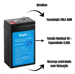 Bateria Selada De Chumbo Vrla Elgin 6v 4,5ah  Alarme, Cerca El�trica, Port�o, Luz Emerg�ncia