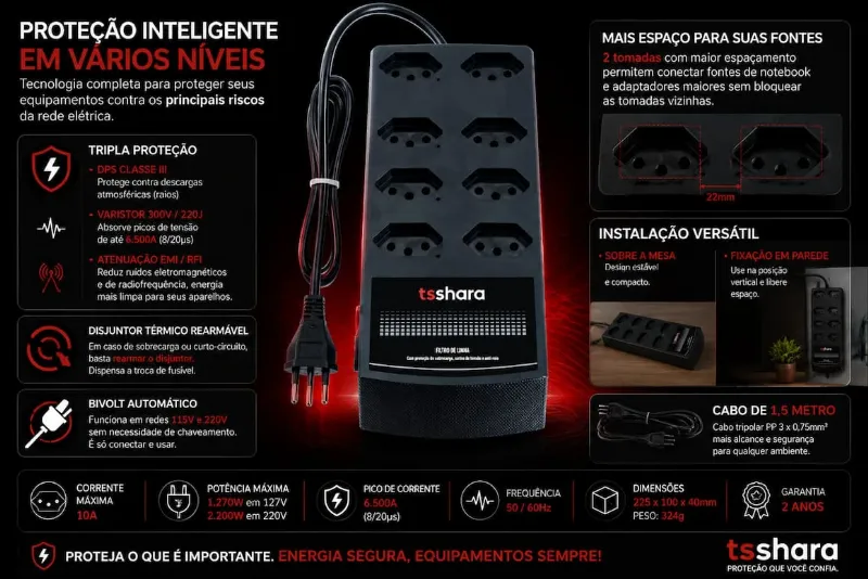 FILTRO DE LINHA + PROTETOR ANTI RAIO 8 TOMADAS cod:630